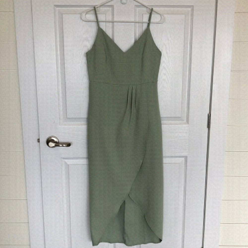 Midi dress sage green spaghetti straps and faux wrap skirt